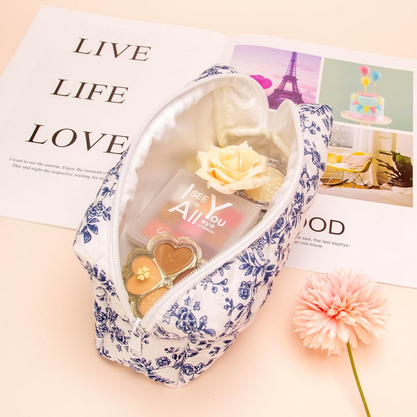 PAZIMIIK Vintage Quilted Makeup Bag Cosmetic Pouch for Brushes Pencils and Travel Make Up Accessories for Women and Girls Jouy Blue