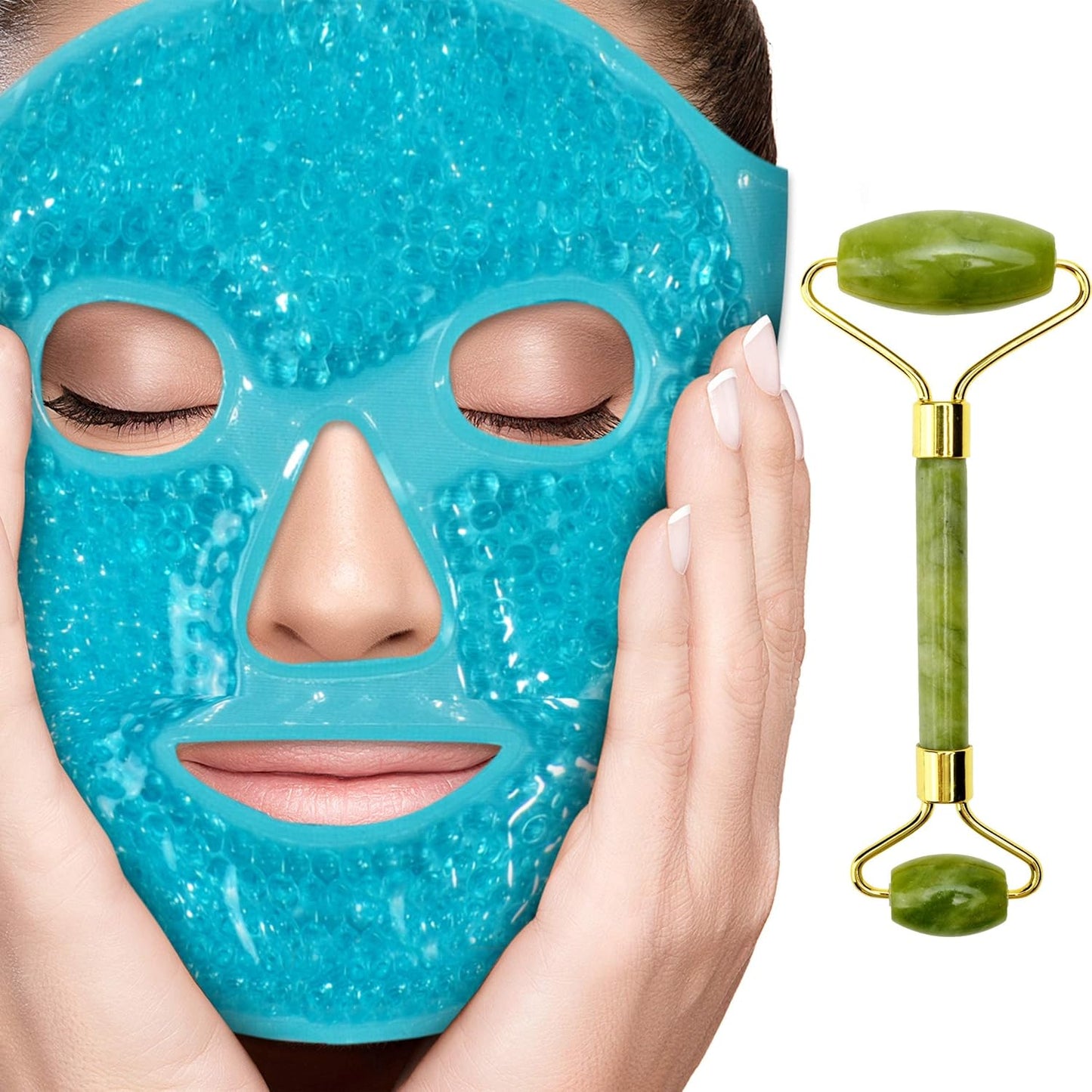 Ice Face Mask + Jade Roller - Beauty Roller Face Neck Massage Tool - Stone Face Roller & Facial Mask Set for Wrinkles Fine Lines & Anti Aging, Puffy Eyes, Dark Circles & Overall Skin Care