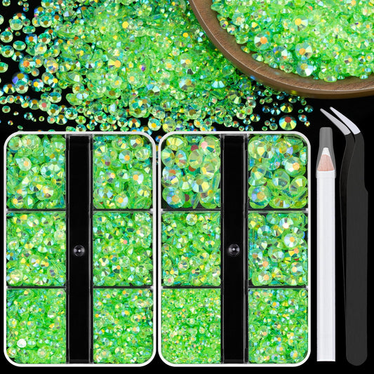 Resin Rhinestones Crafting, 2/3/4/5/6mm Flatback Jelly Rhinestones, 2 Boxes Transparent Grass Green AB Non Hotfix Crystal Gems for Bedazzling Crafts Mugs Tumblers Clothes Makeup Nail