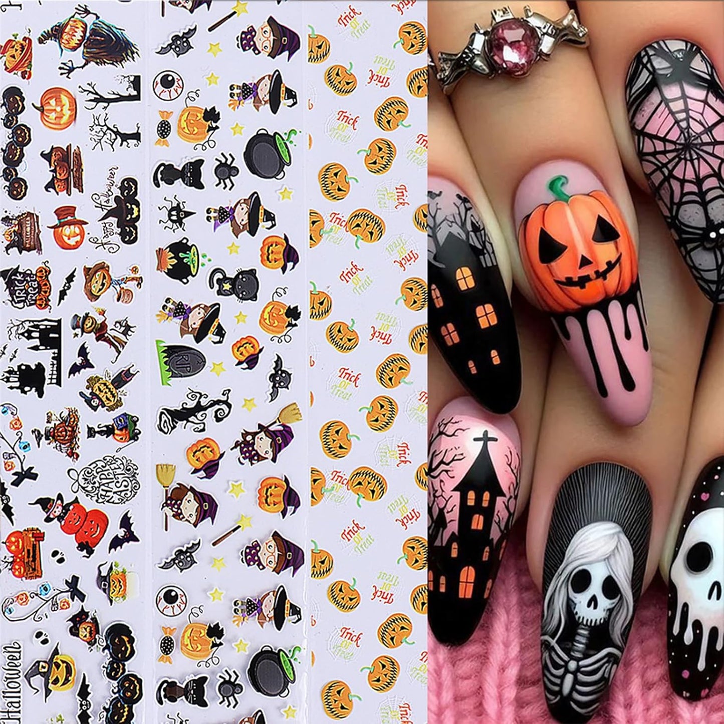 Halloween Nail Art Stickers Decals Pumpkin Ghost Skull Design Nail Accessories for Women and Girls Nail Decorations 10 Sheets Stickers for Halloween Party Decor