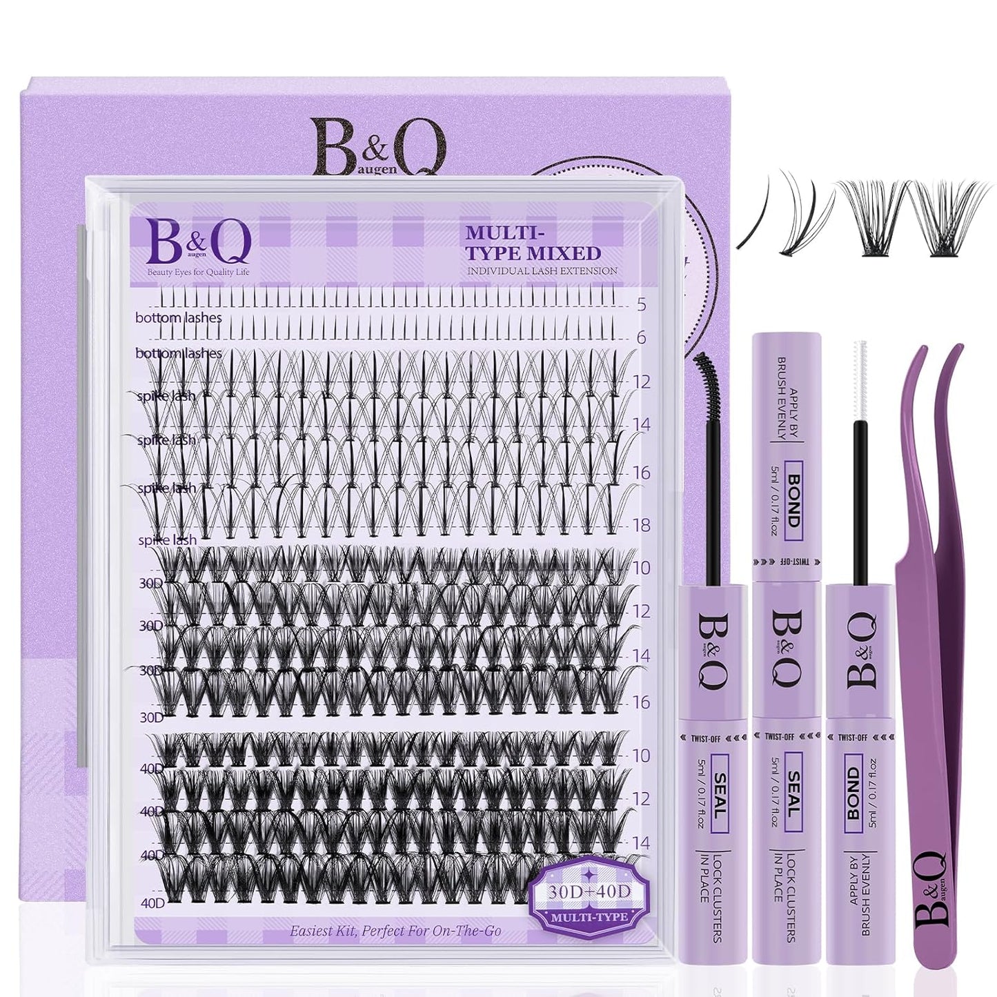 B&Q Lash Extension Kit with Spikes 30D+40D Lash Clusters Kit with Spikes Multi-Type 10-16 Mixed Eyelash Extension Kit with Bottom Lashes, 7D Spike Fans, Individual Lashes, Lash Tweezer(spike-30D+40D)