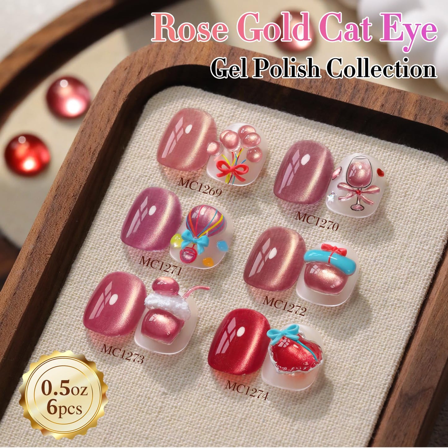 Double Rhythm Cat Eye Gel Nail Polish Set of 6 Same Color Same Bottle 0.5 Oz Shimmer Glitter with Magnet Holographic Reflective Magnetic UV Nail Polish Kit at Home (Golden Rose Pink-T6-60)