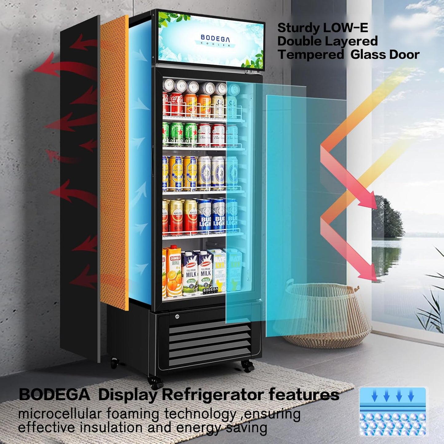 BODEGACOOLER Beverage Refrigerator and Cooler, 10.0 Cu. Ft Commercial Refrigerators For Man Cave, Display Refrigerator with Soft LED Light. 4 Shelves Merchandiser Refrigerators as Black Bar Cooler.