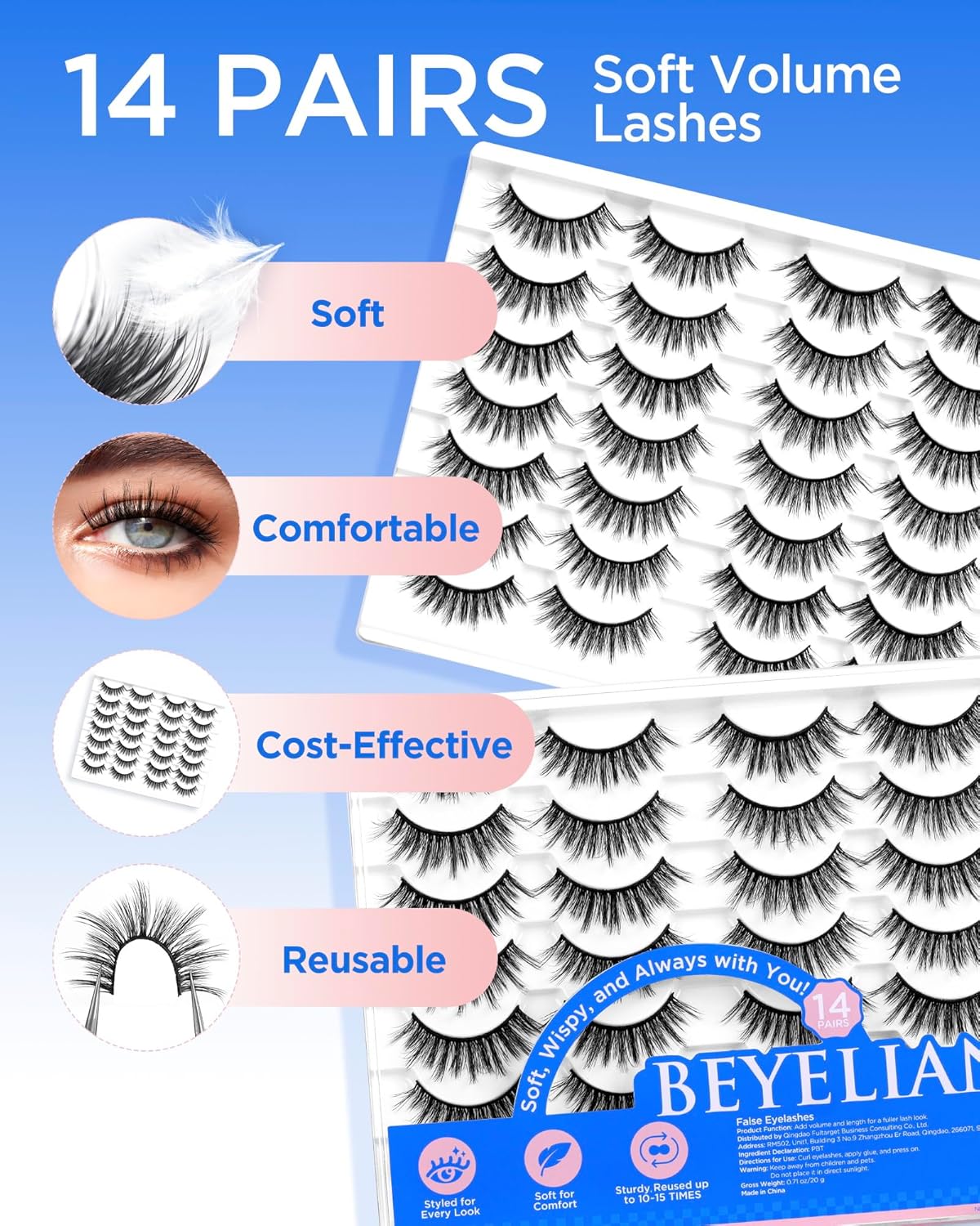 BEYELIAN False Eyelashes 14 Pairs Eye Lashes 12-18mm Strip Lash Pack Soft 3D Volume Faux Mink Lashes That Look Like Extensions C180