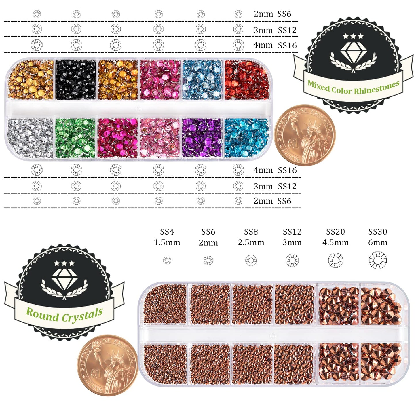 Two Packs of Flatback Rhinestones 4520 Pcs Colorful Nail Art Rhinestones Flatback Crystal Colorful+Rose Gold Rhinestone with Picker Pencil and Tweezer for Nail Art and Decoration