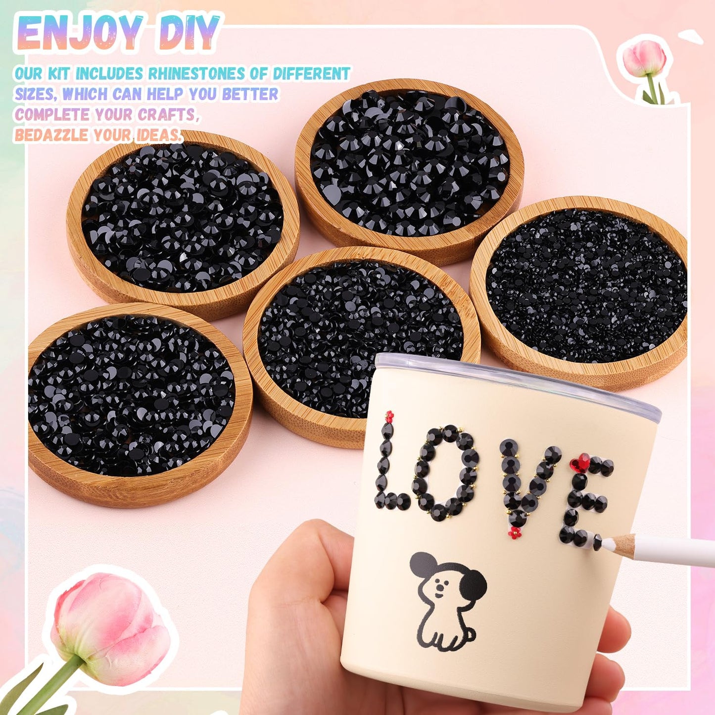 30000Pcs Resin Black Rhinestones with B7000 Jewelry Glue for Crafting, 2-6mm Non Hotfix Flatback Gems, Bedazzling Crystal for DIY Crafts Clothing Tumblers Mugs Shoes Fabric Decor Nail Art