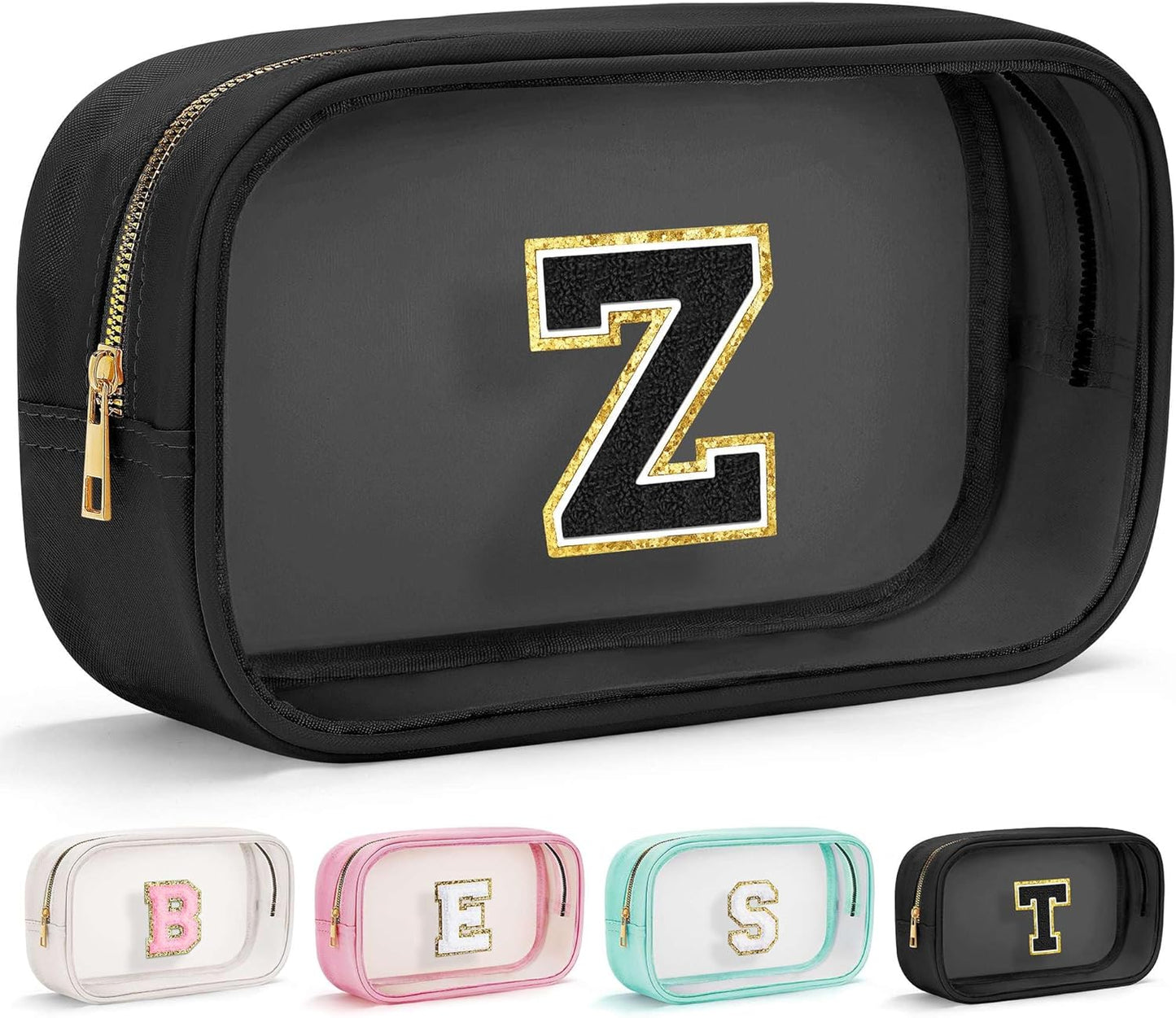 YOOLIFE Travel Makeup Bag Toiletry Bag for Women, Clear Make up Bag PVC Cosmetic Bag Black Travel Accessories Makeup Pouch Birthday Gifts for Women Teacher Mother Wife Girlfriend Gifts Letter Z