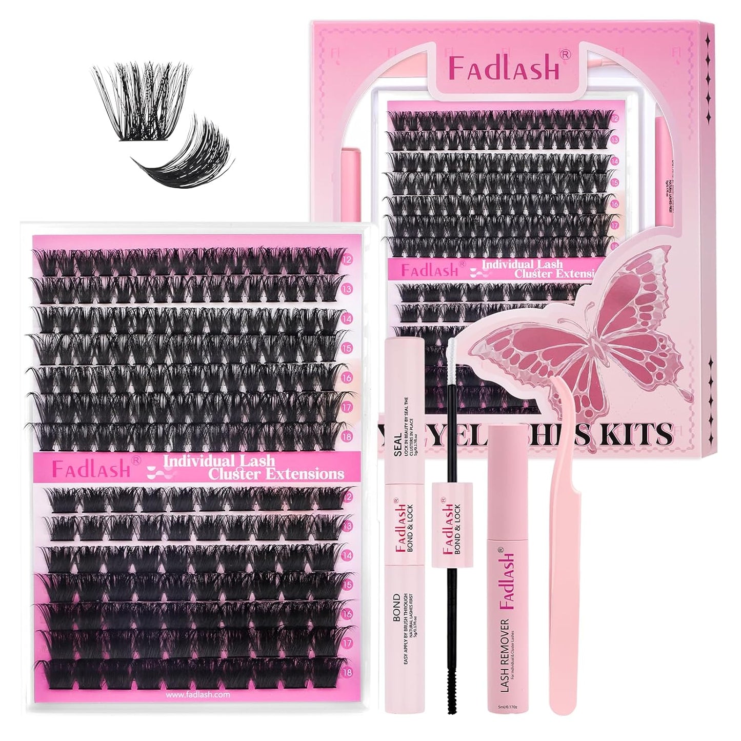 FADLASH DIY Lash Extension Kit - Lash Clusters with D Curl, Bond & Seal - Glue Remover & Tweezers for Home Use (100D+200D-0.07D-12-18MIX)