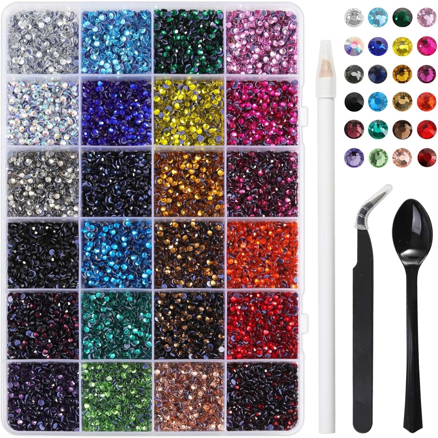 Hotfix Rhinestones Mixed 24 Colors, SS10 Rhinestones for Crafts Clothes, Hotfix Crystals with 1 Tweezers, 1 Wax Pencil and 1 Spoon