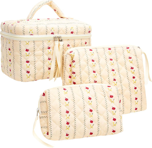 PAZIMIIK 3PCS Makeup Bag SET Large Travel Quilted Zipper Soft Cosmetic Case Pouch for Women Girls Make Up,Little Flower Beige