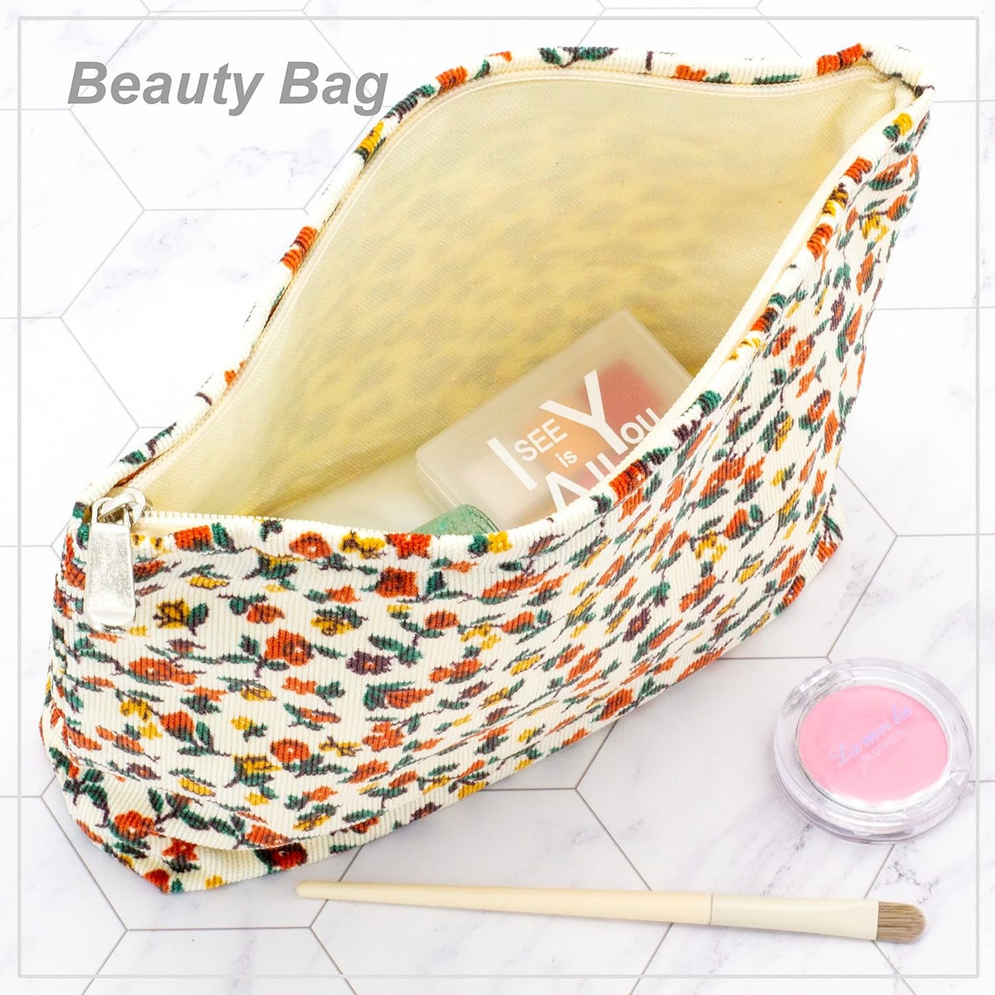 PAZIMIIK Makeup Bag Large Zipper Corduroy Make Up Pouch for Purse Travel Canvas Cosmetic Organizer for Women Brush Storage,Floral White
