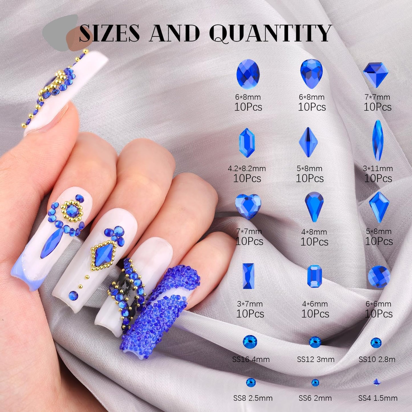 Royal Blue Glass Nail Rhinestones - 2680 Pcs Multi Shapes Flatback Gems + 2560 Pcs 1.5-4mm Round Crystal with Rhinestones Glue Gel for Nail Art