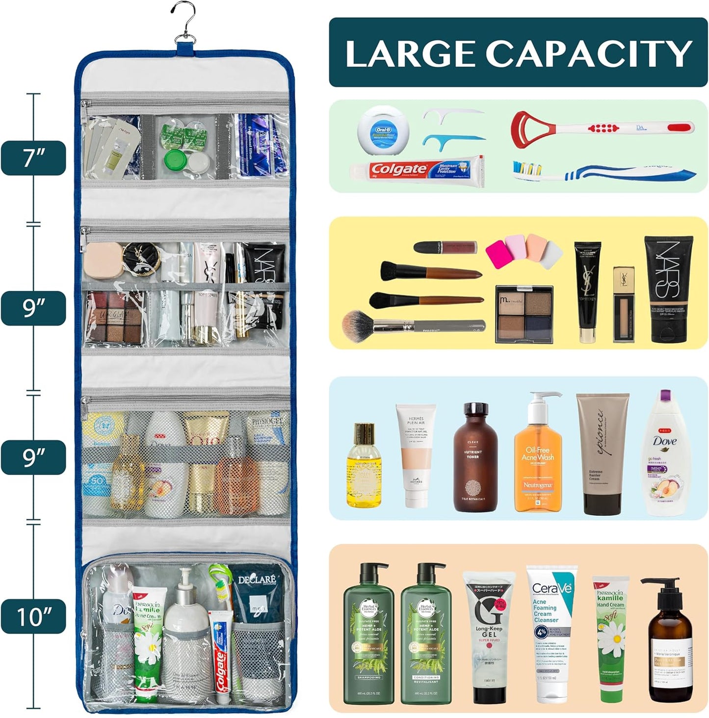 PAVILIA Travel Hanging Toiletry Bag for Women Men, Large Capacity Makeup Bag Kit, Waterproof Cosmetic Storage Organizer Case for Bathroom Shower