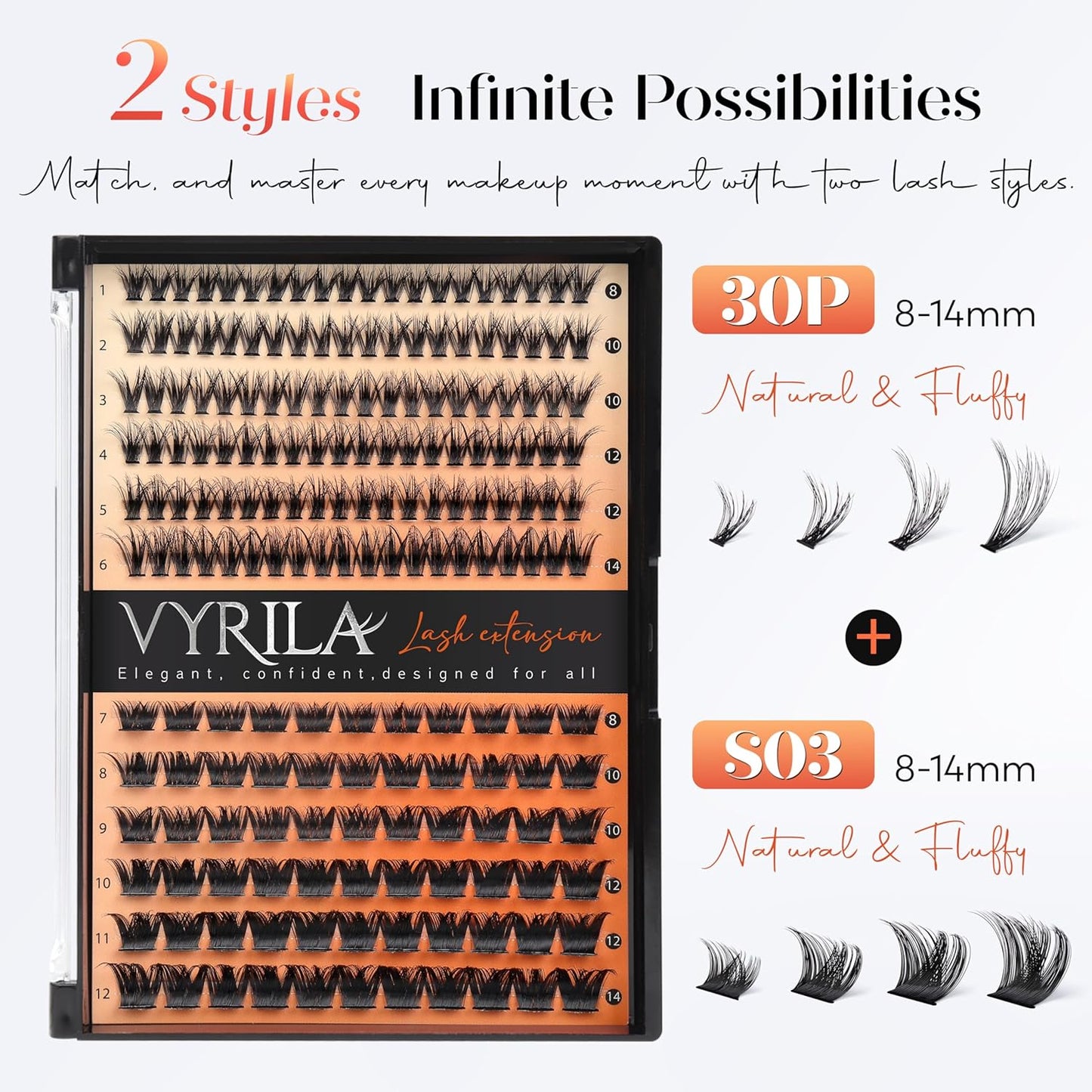 Lash Clusters Kit-VYRILA 0.07mm Wispy 8-14mix C Curl Eyelash Clusters with Lash Bond and Seal Waterproof, Eyelash Tweezers (30P+S03 KIT 186pcs-8-14mix)