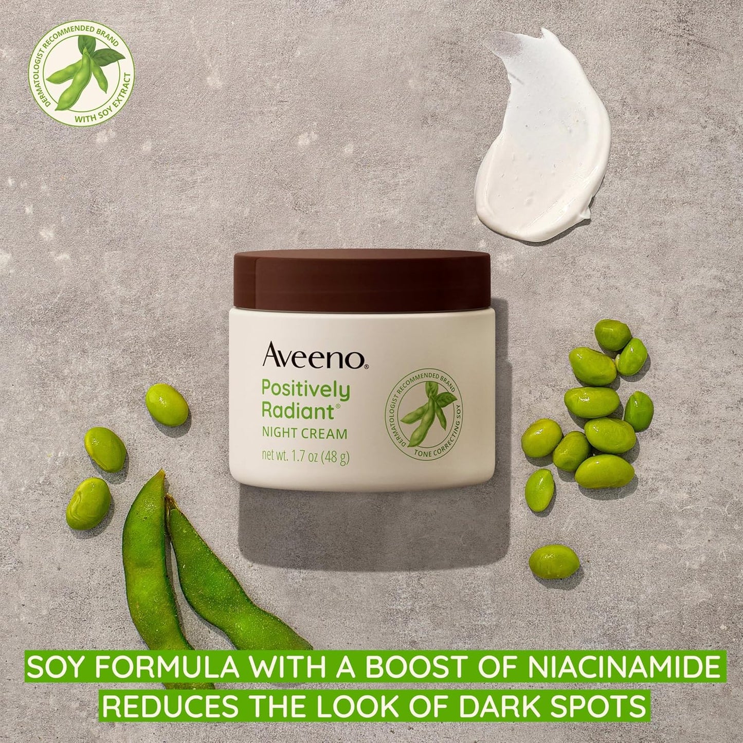 Aveeno Positively Radiant Moisturizing Face & Neck Night Cream with Tone Correcting Soy & Niacinamide, Night Cream Targets Dull Skin & Evens Skin Tone & Texture, Hypoallergenic, 1.7 oz