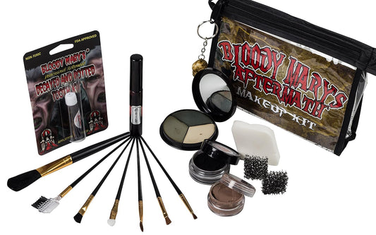 The Aftermath Zombie Starter Makeup Kit By Bloody Mary - Professional Special Effects Supplies - Tri Color Foundation Wheel, Eyeshadow, Tooth Decay, Rotted Teeth, FX Blood, Eyeliner, Sponges, Brushes