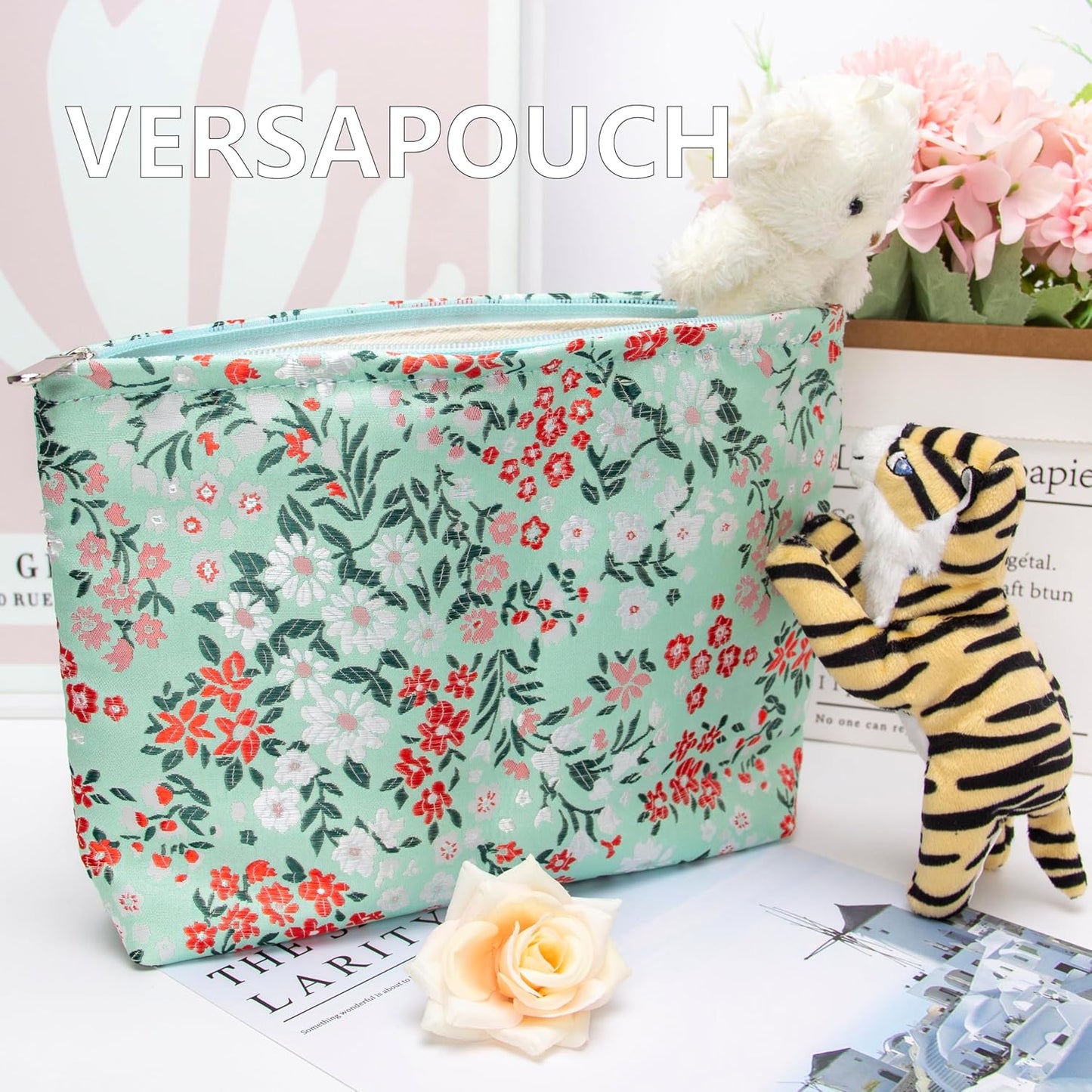 PAZIMIIK Makeup Bag Large Cotton Zipper Pouch for Purse Travel Canvas Make Up Organizer for Women Cosmetic,Brocade Green