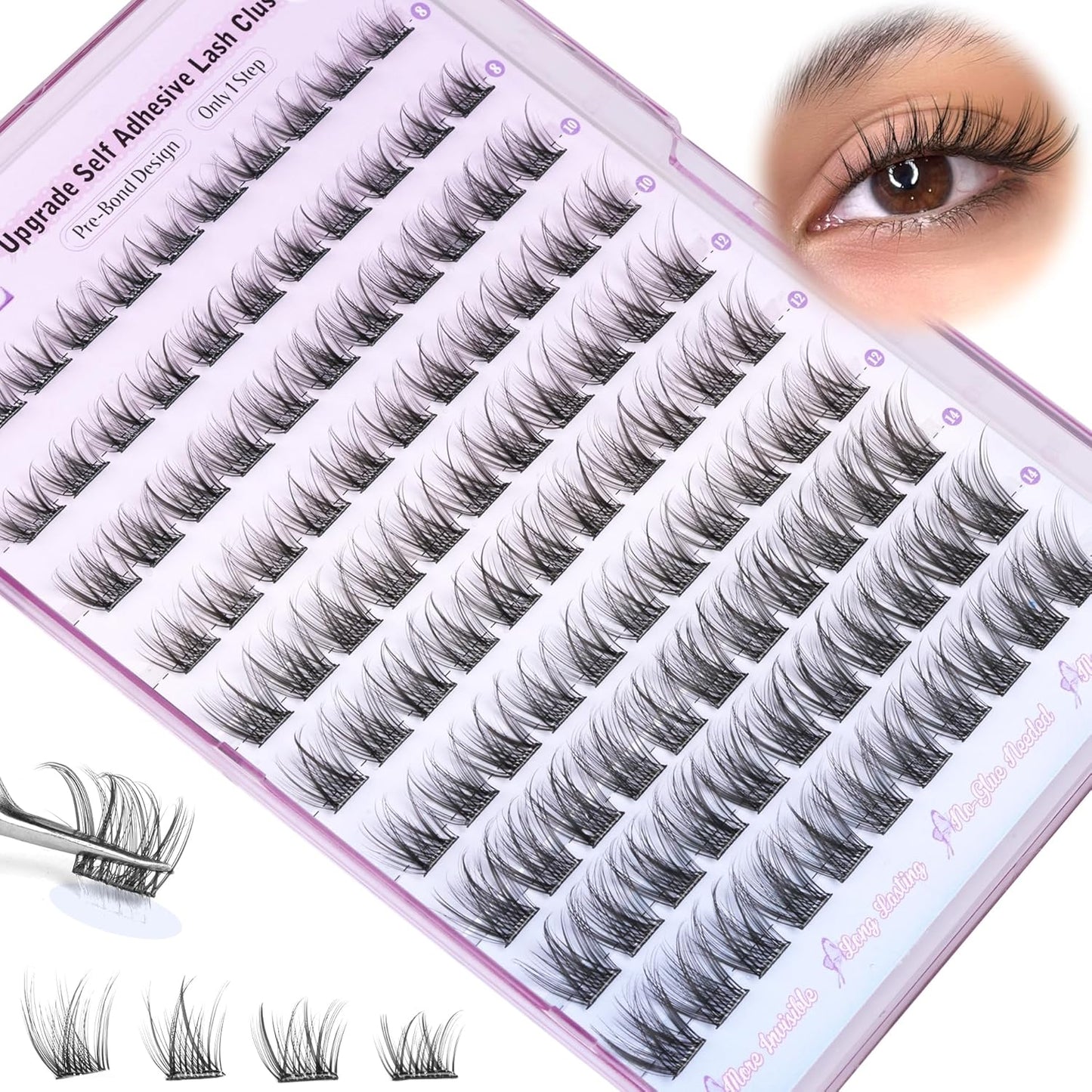 ALICE Self Adhesive Lashes Natural Look Clusters No Glue Needed Wispy Reusable Press on Lashes Pre-Glue 8-14mm 120pcs C Curl With Lash Tweezers