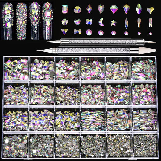 Nail Rhinestones Kit, 18 Types of 900 Special-Shaped Diamonds + 3200 Flat-Bottomed Nail Rhinestones, Nail Crystal DIY Crafts Gemstones for Nail, Shoes, Clothes, Jewels