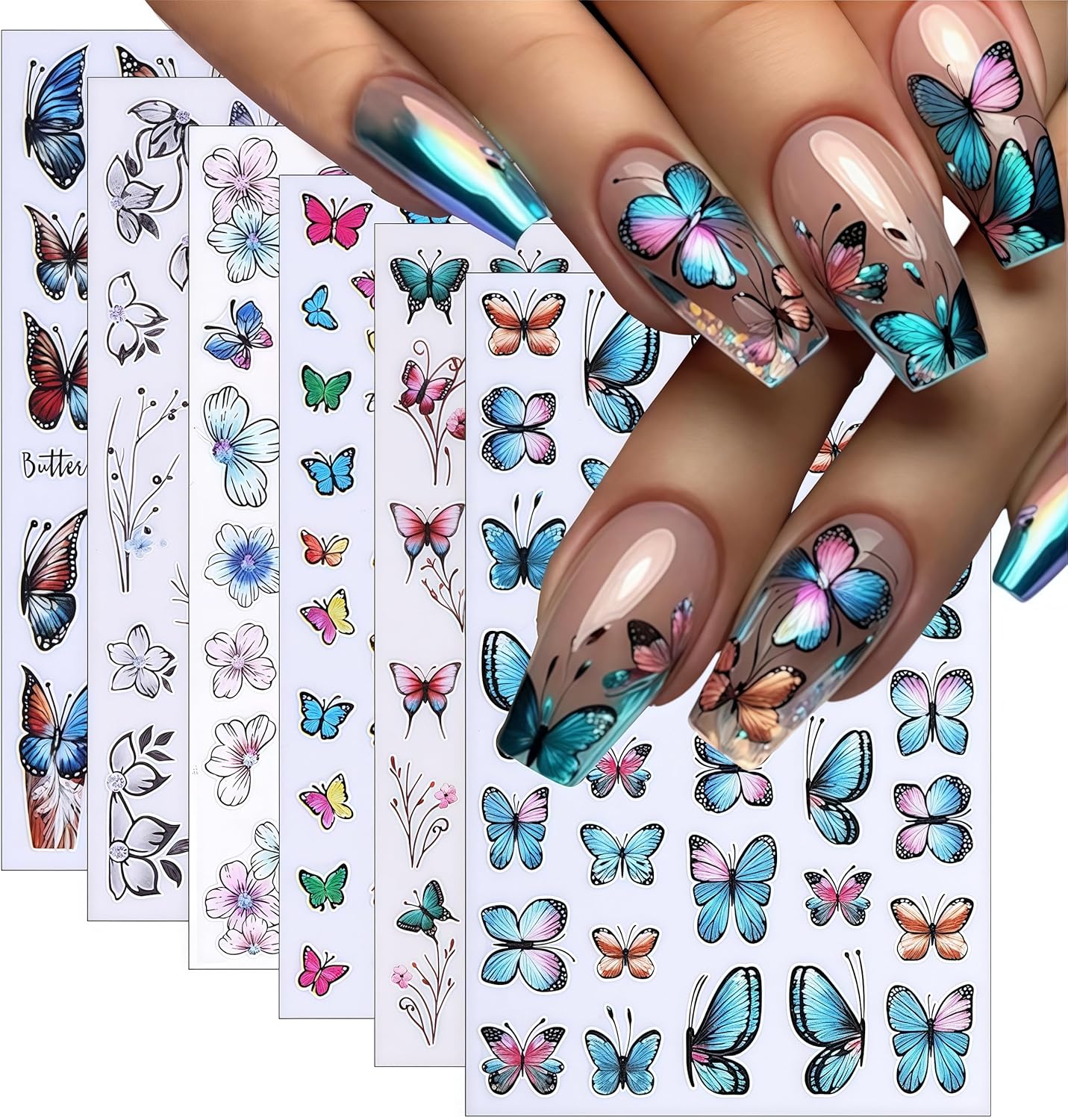 8 Sheets Butterfly Nail Stickers 3D Self-Adhesive Colorful Butterflies Decals Spring Summer Blue Butterfly Flower Designs Supplies for Women Girls DIY Manicure Decorations
