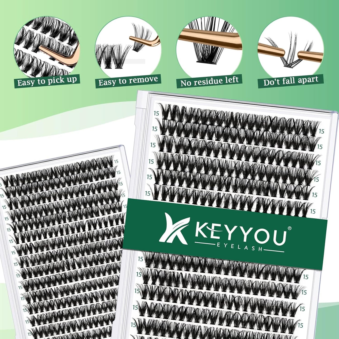 Lash Clusters 300pcs Individual Lashes 40D 0.07D Curl 15mm DIY Eyelash Extension KEYYOU Large Tray Volume Soft&Natural Cluster Lashes(40D-0.07D,15）