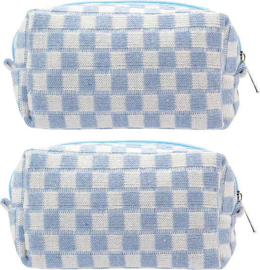 PAZIMIIK Checkered Makeup Bag for Purse Portable Zipper Make Up Pouch Small Cosmetic Case for Travel Accessories (2PCS Blue)