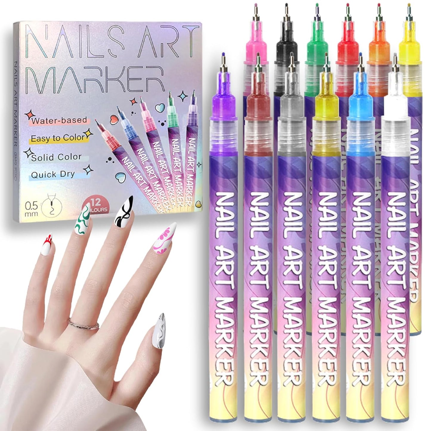 12 Colors Nail Art Pens Set 3D Nail Polish Pens Graffiti Dotting Pen Acrylic Paint Pens Point Liner Pen Drawing Painting for Nails Art Design Manicure Nail DIY Decoration