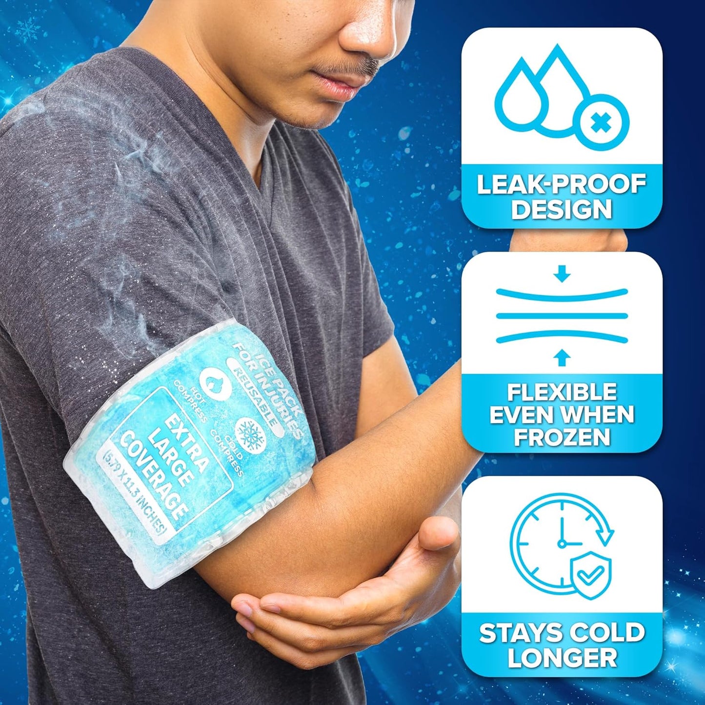 JJ CARE Gel Ice Packs Reusable (Pack of 2, XL) - Ice Packs for Injuries Reusable - Soft Ice Pack for Injuries with Wrap - Flexible Therapy, for Knee, Back, Neck, Wrist, & Ankle