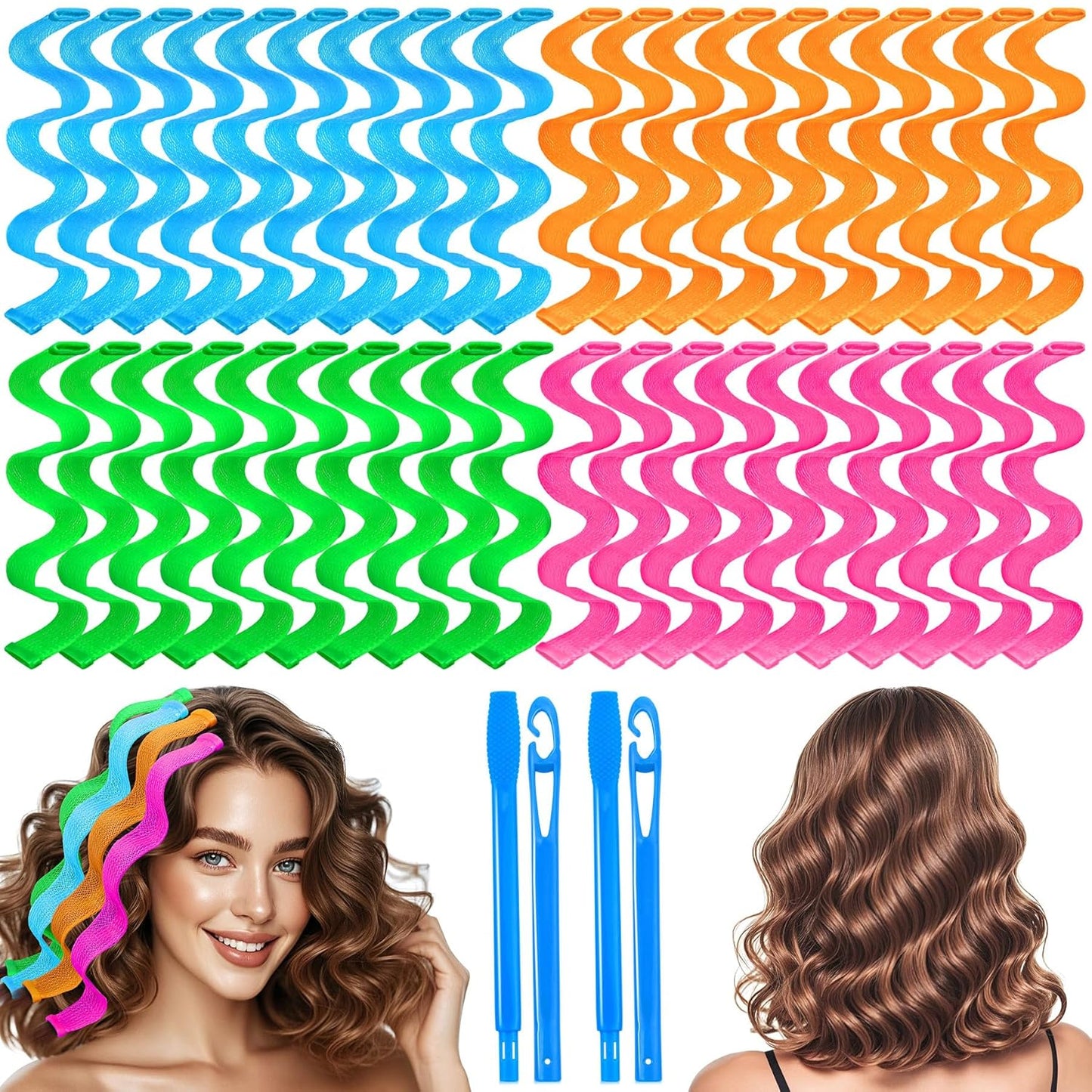42 Pieces Heatless Waves Hair Curler, No Heat Damage Wavy Hair Curlers with 2 Sets of Styling Hooks, Heatless Curls for Women Girls Long Medium Short Hair(4 Colors,30cm/ 11.8")
