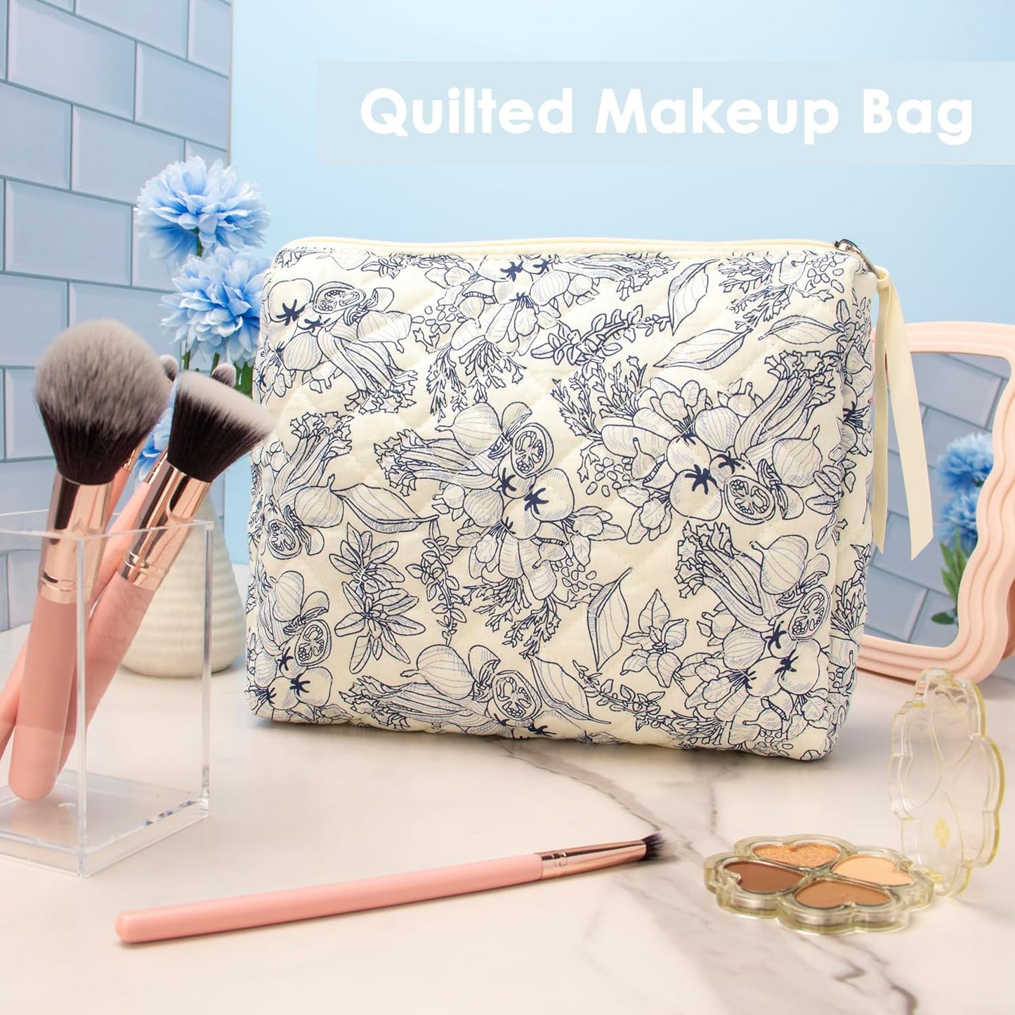 PAZIMIIK Quilted Makeup Bag Large Travel Zipper Soft Cosmetic Pouch for Women Girls Make Up,Flower White