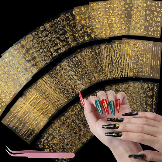 Teenitor 50 Sheets Nail Stickers for Nail Art, Nail Decals Gold Nail Stickers for Kids Women in Fall Winter Halloween Christmas, Nail Decorations