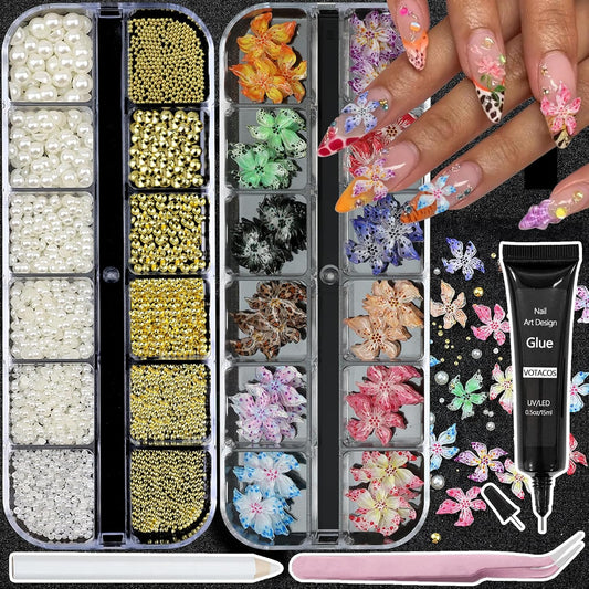 Flower Nail Art Charms with Rhinestones Glue Gel Cream Flatback Pearls Luxurious Nail Gems Supplies Accessories Gold Silver Nails Decoration Pearls for Women Nails Design