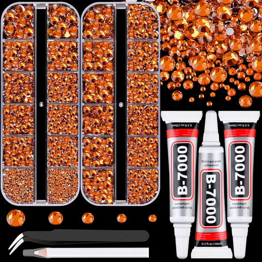 Resin Rhinestones for Crafting with B7000 Jewelry Glue, 2 Boxes Orange Flatback Crystals with 3Pcs 10ml Glue for Bedazzling Crafts DIY Nail Art Makeup，Non Hotfix Gems for Clothing Shoes