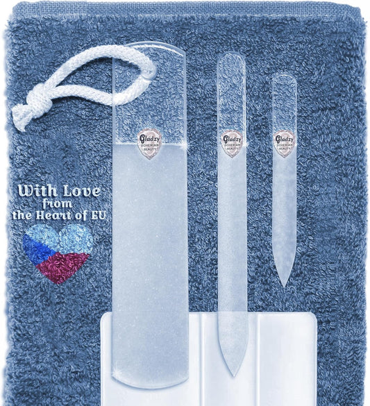 GLADZY Glass Nail File Set – Czech Crystal Nail Files for Natural Nails, Glass Foot File Callus Remover, Professional Manicure & Pedicure Kit for Fingernails & Toenails with Case and Towel, Made in EU