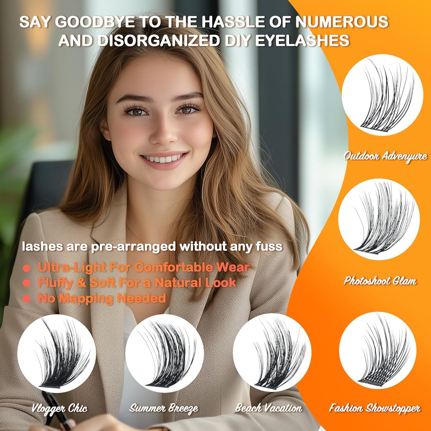 Fluffy Lash Clusters - 360Pcs Natural 0.05D Eyelash Clusters, Left & Right Eyelashes, Urtra Lightweight Cat Eye Clusters for Starter DIY at Home(Eyelashes Only）