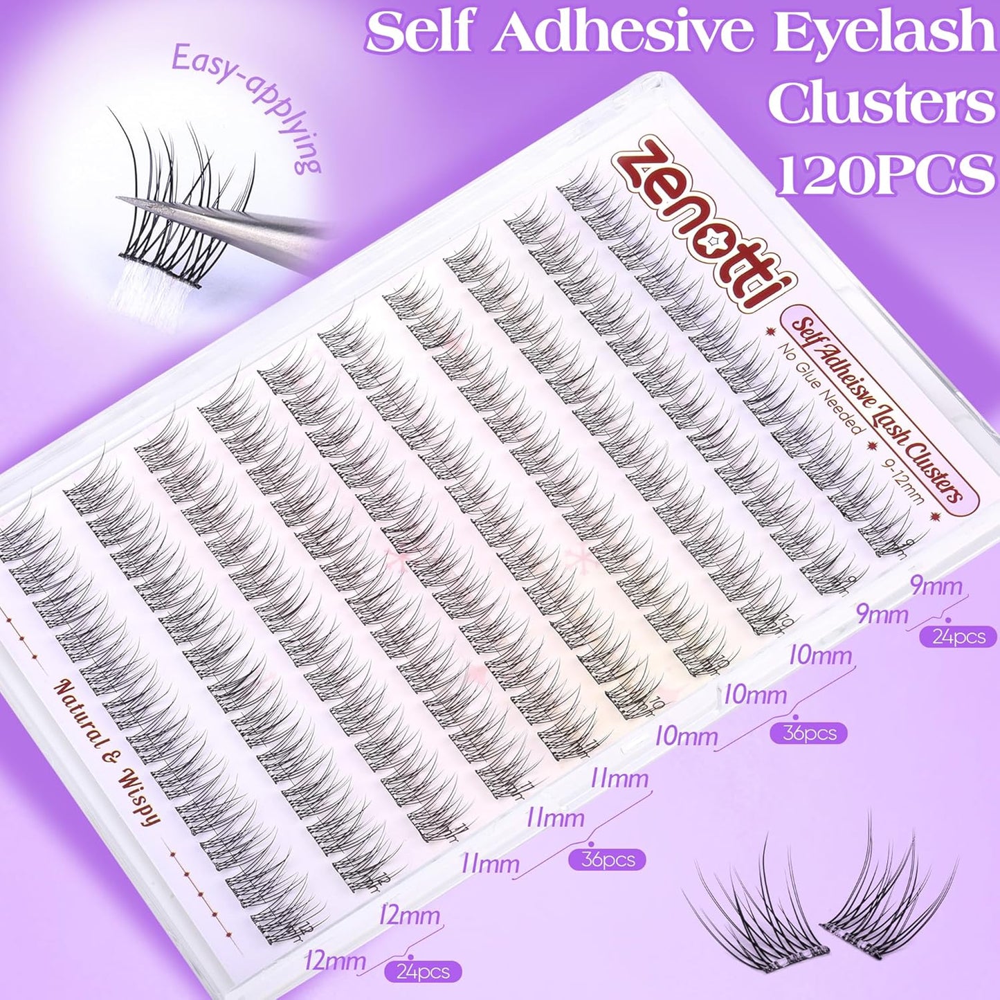 Natural Self Adhesive Clusters Lashes No Glue Self Adhesive Wispy Cluster Eyelashes Extensions Pre-glued Lashes Cluster Reusable C-Curly Individual Lashes 9-12mm Press on Lash by zenotti