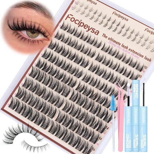 Focipeysa Wispy Lash Clusters Kit Spikes Eyelash Clusters Kit Manga Eyelash Extensions Kit with Bottom Lashes Individual Lashes Extensions Kit with Lash Bond and Seal Lash Tweezers