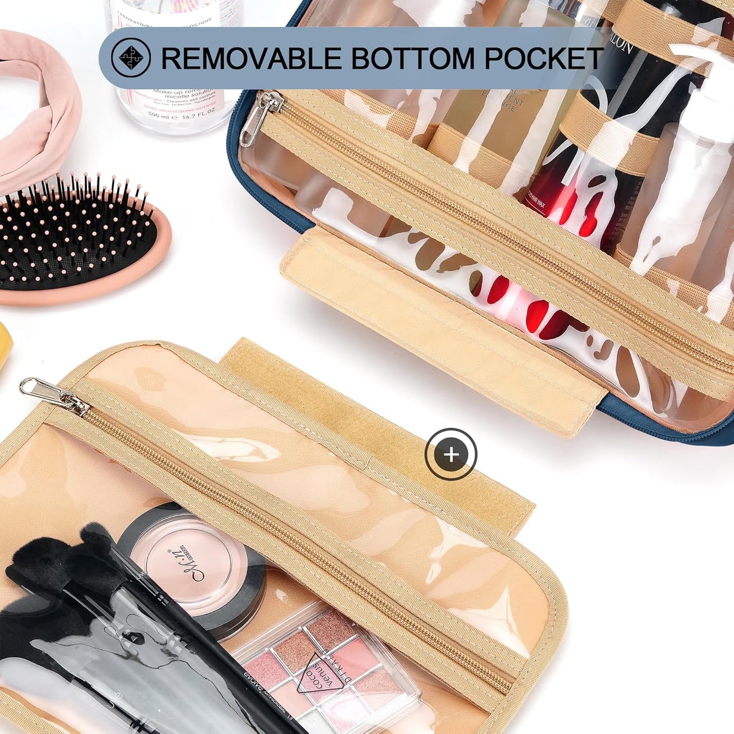 Travel Hanging Toiletry Bag for Women, with Jewelry Organizer Compartment, Medium Waterproof Hanging Makeup Accessories, Cosmetic Essentials, Toiletries Dopp Kit Set with Trolley Belt, Navy Blue