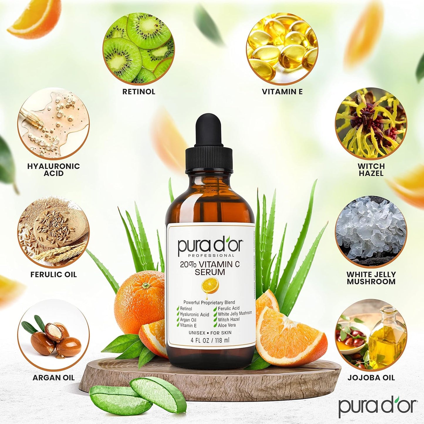 PURA D'OR 20% Vitamin C Serum 4 Oz - Lightweight Maximum Strength Formula - Retinol, Hyaluronic Acid, Ferulic Acid - Professional Grade Treatment For Face & Eyes, Wrinkles - Men & Women