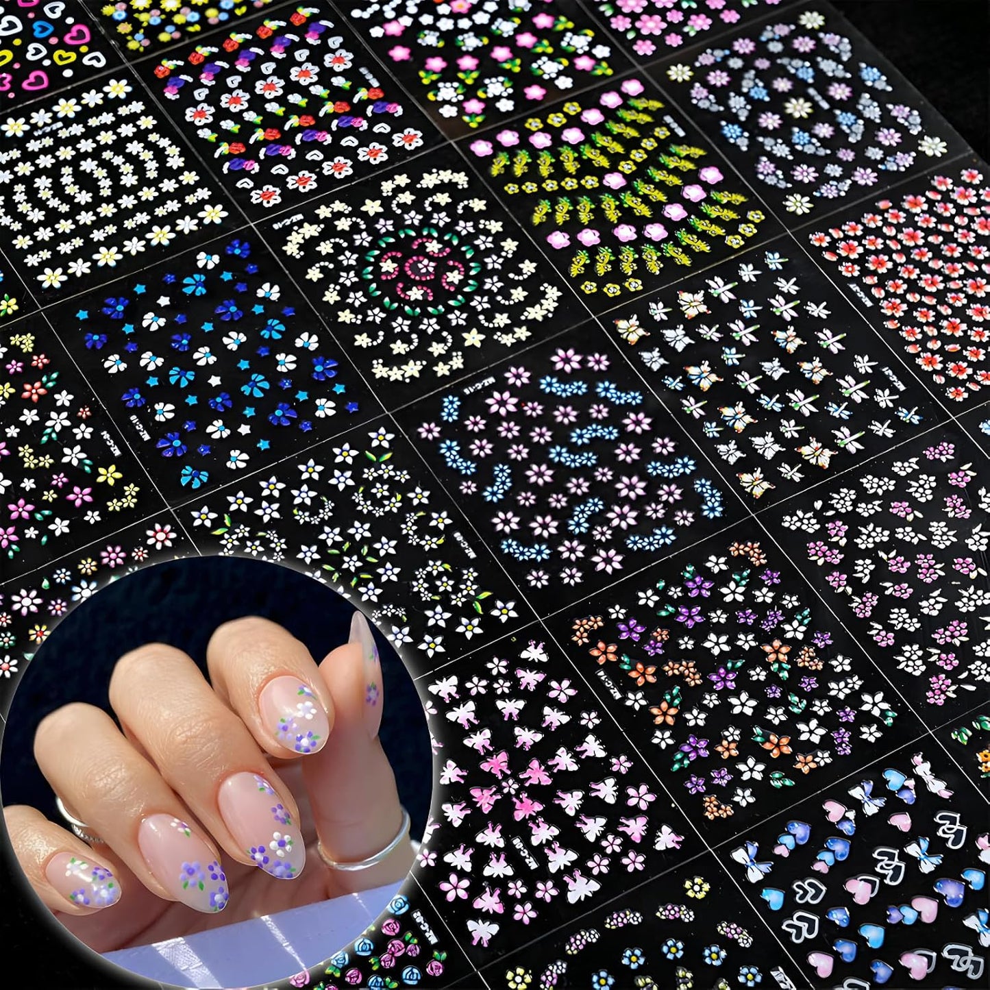 Colorful Cute Daisy, Floral, Heart, Flower Nail Art Stickers Decals, 3D Self Adhesive Supplies, Design Decoration Accessories for Women and Girls, 30 Sheets
