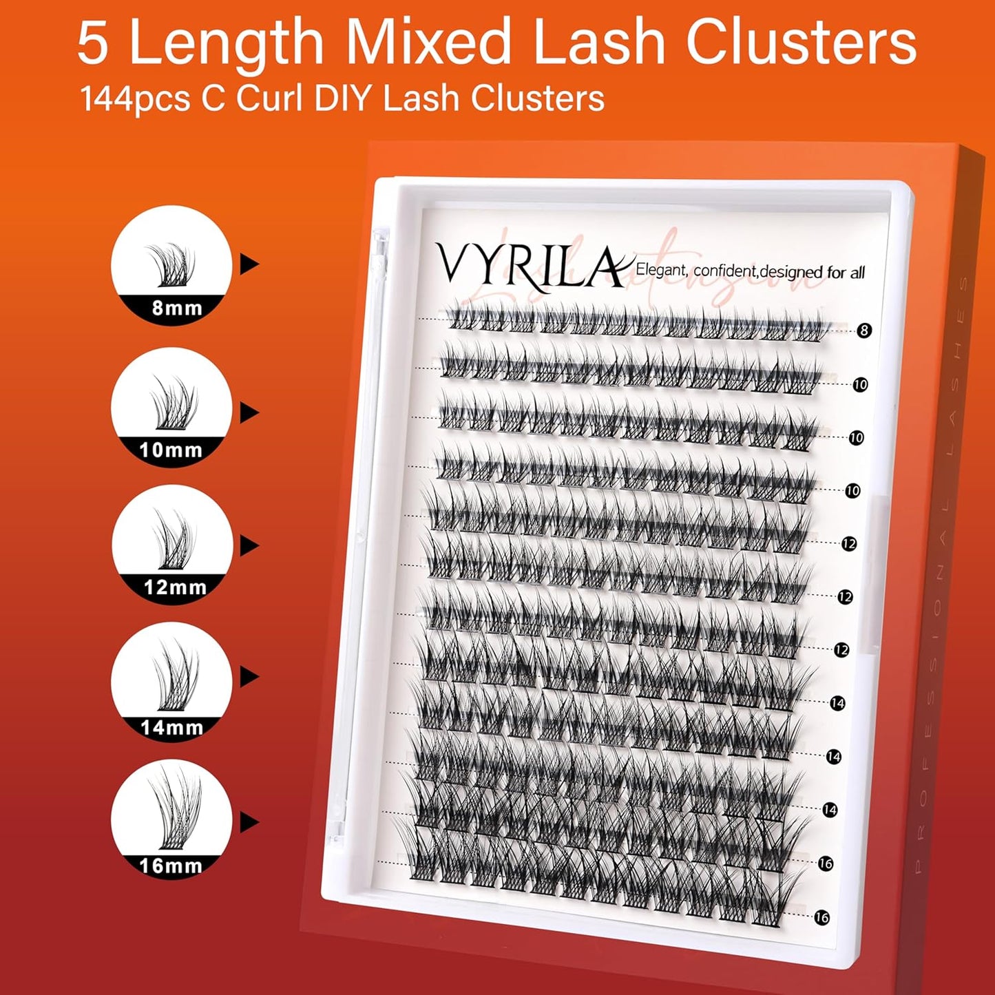 Lash Cluster 144pcs Individual Lashes,8-16mm Diy Lash Extension,C Curl Lash Clusters Wispy,3D Natural Lash Clusters Look Like Eyelash Extension DIY at Home (Orange Spirit-C-8-16mix)