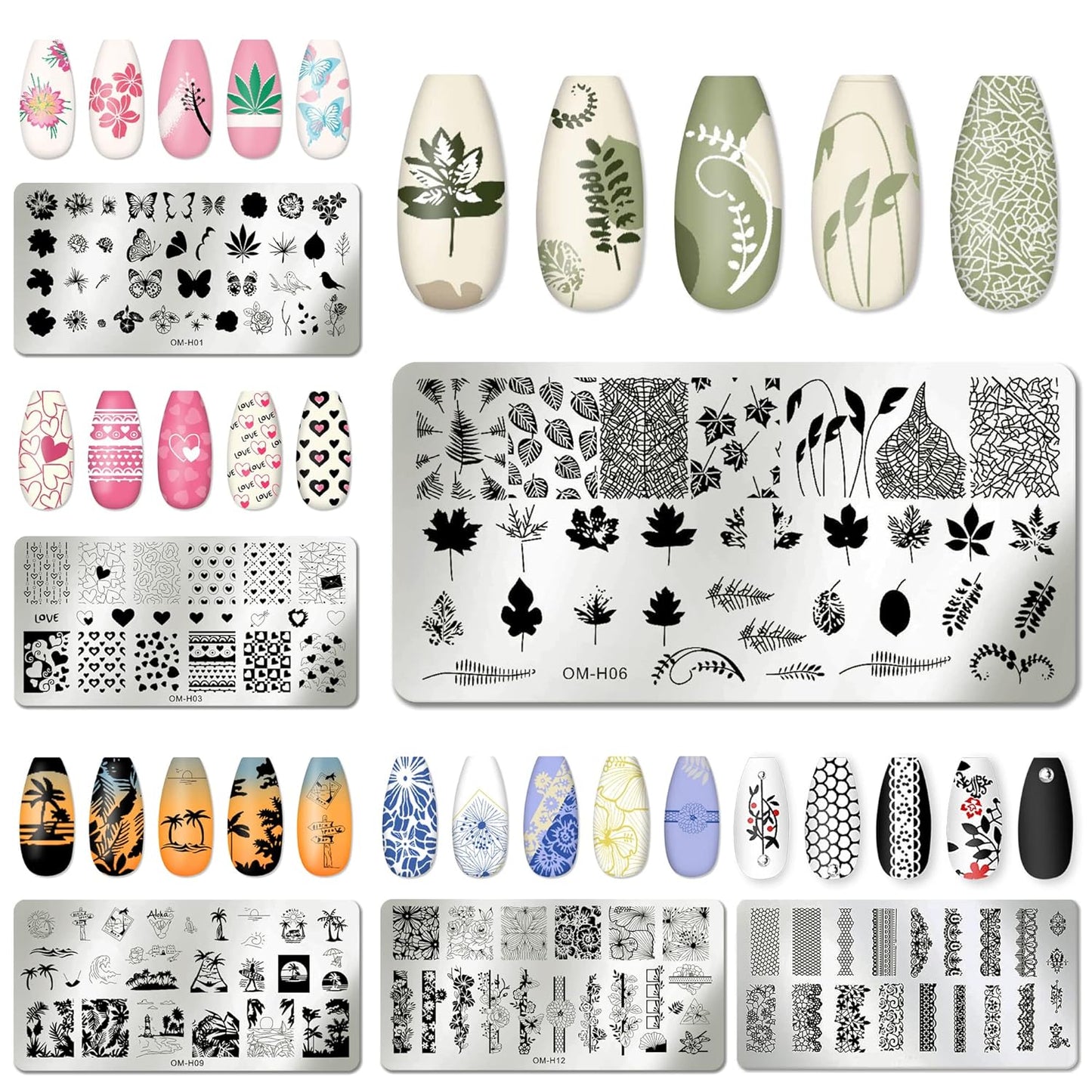 AddFavor Nail Art Stamper Kit 6pcs Flower Heart Leaf Lace Butterfly Stamping Plate Template with Silicone Nail Stamper and Scraper for Women Girls DIY Fingernail Manicure Stencils Tools