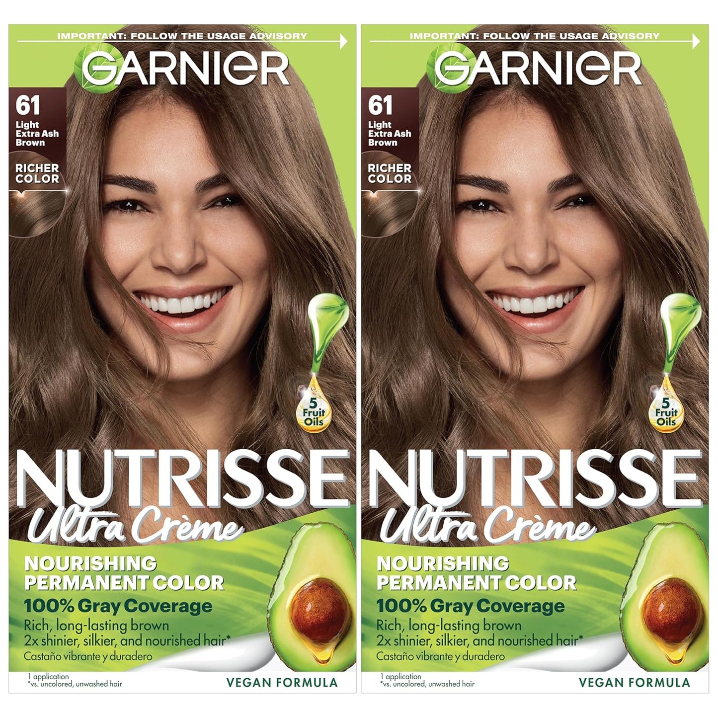 Garnier Hair Color Nutrisse Nourishing Creme, 61 Light Extra Ash Brown (Mochaccino) Permanent Hair Dye, 2 Count (Packaging May Vary)