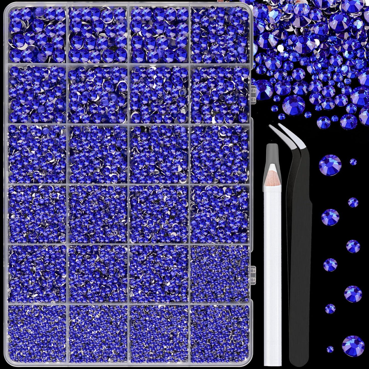 25000Pcs Resin Rhinestones for Crafting, Royal Blue 2-6mm Mixed Sizes Non Hotfix Flatback Gems, Bedazzling Crystal for DIY Crafts Clothing Tumblers Mugs Shoes Fabric Nail Art
