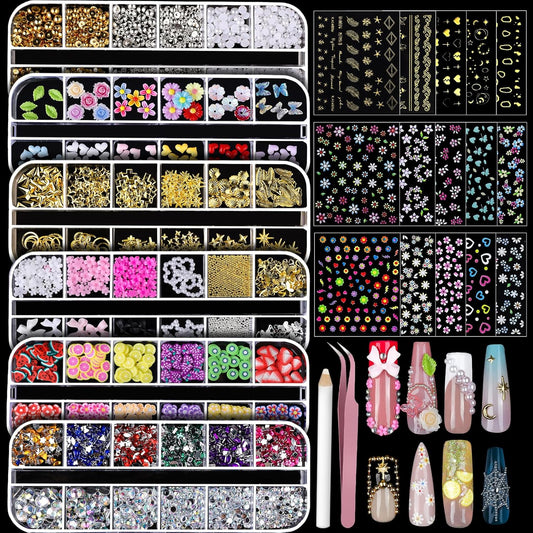 Teenitor Nail Charms and Gems Nail Art Tools, 6 Boxes 3D Nail Gems with 15 Sheets Nail Stickers for Nail Art, Flower Nail Stickers Nail Rhinestones Nail Supplies, Nail Pearls Nail Stuff Nail Decor