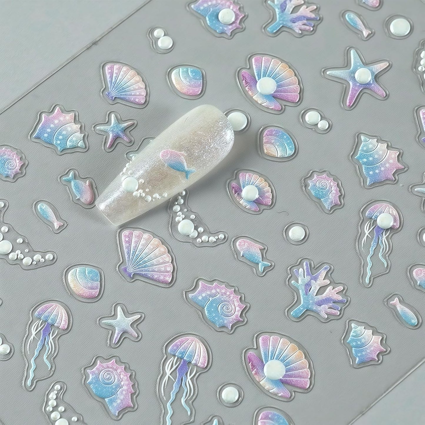 1 Sheets Embossed Shell Starfish Nail Art Stickers 5D Self Adhesive Summer Marine Life Fishtail Pearl Decals for Women Girls Manicure DIY Decorations Exquisite Cardboard Set