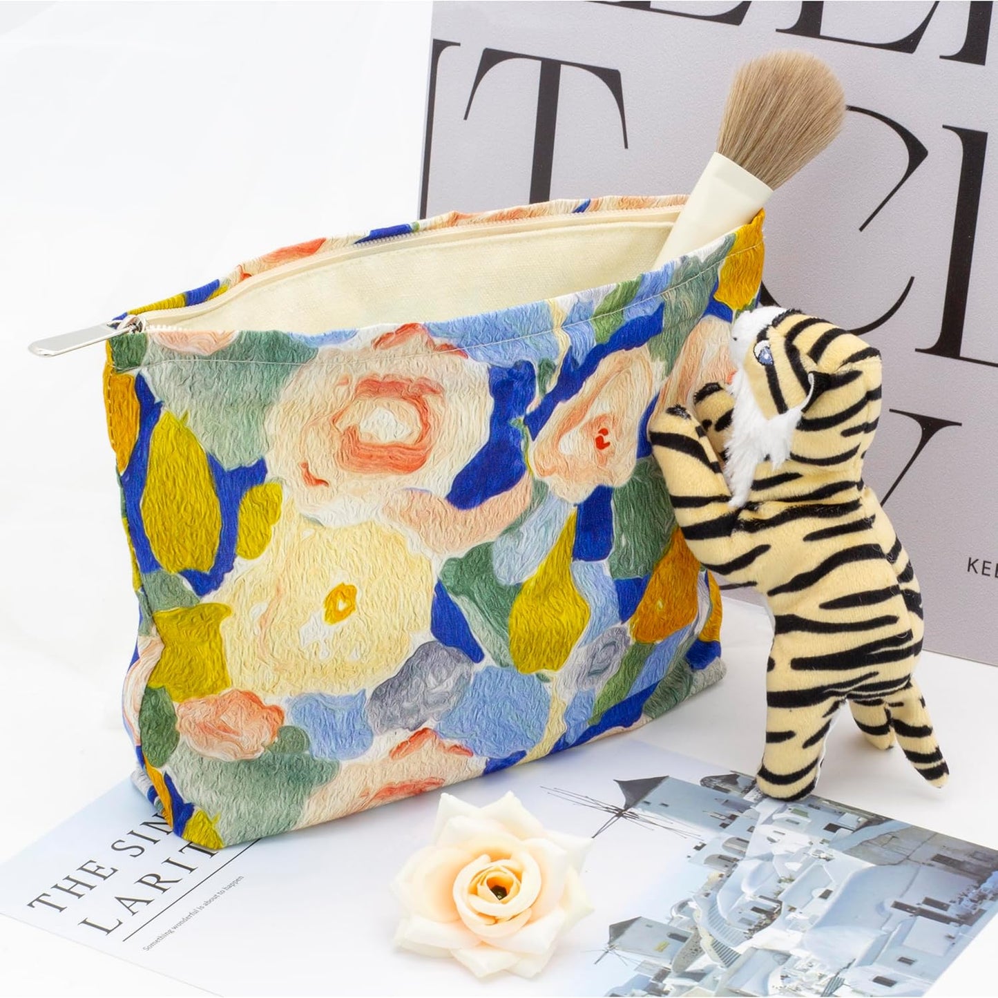 PAZIMIIK Floral Makeup Bag Large Cotton Zipper Pouch for Purse Travel Canvas Make Up Organizer for Women Cosmetic,Garden Blue