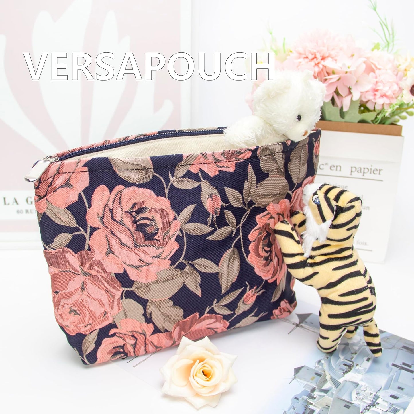 PAZIMIIK Makeup Bag Large Cotton Zipper Pouch for Purse Travel Canvas Make Up Organizer for Women Cosmetic,Rose Black Blue