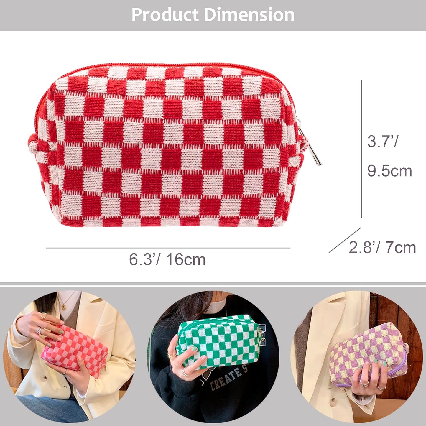 PAZIMIIK Checkered Makeup Bag for Purse Portable Zipper Make Up Pouch Small Cosmetic Case for Travel Accessories (6PCS Red)