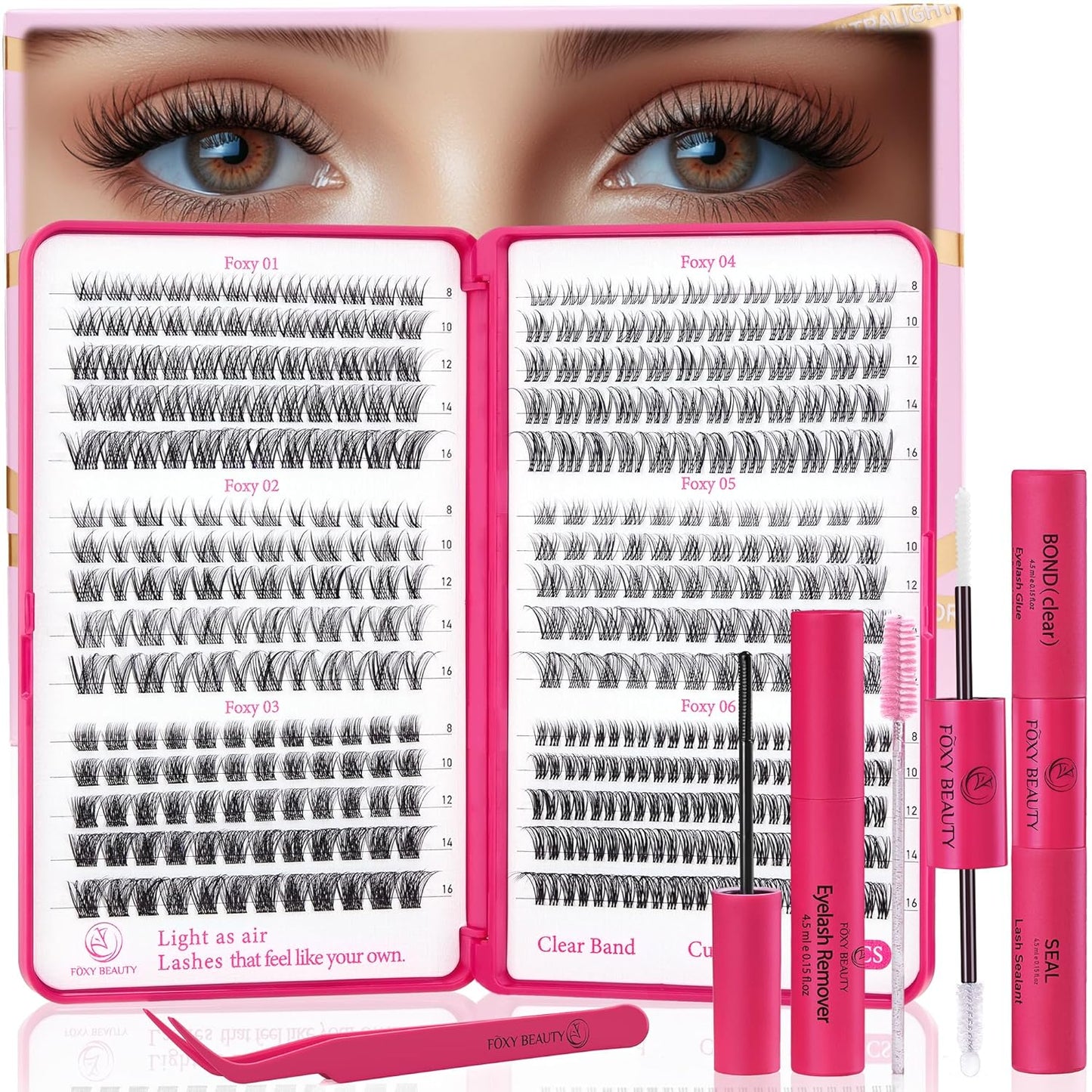 Nova Lash Clusters Kit - 360 pcs Lash Clusters Natural Look Invisible Band Eyelash Clusters Lash Extension Kit with Bond and Seal 0.07D D Curl WideSpan Cluster Eyelash Extension Kit 8-16mm DIY at Home